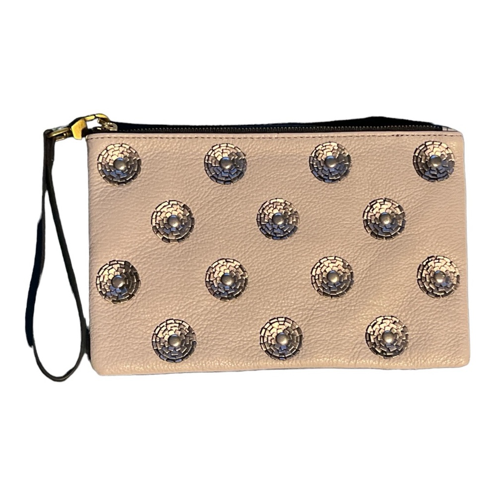 Fossil Metallic Silver Clutch with Medallion Pattern and Wrist Strap